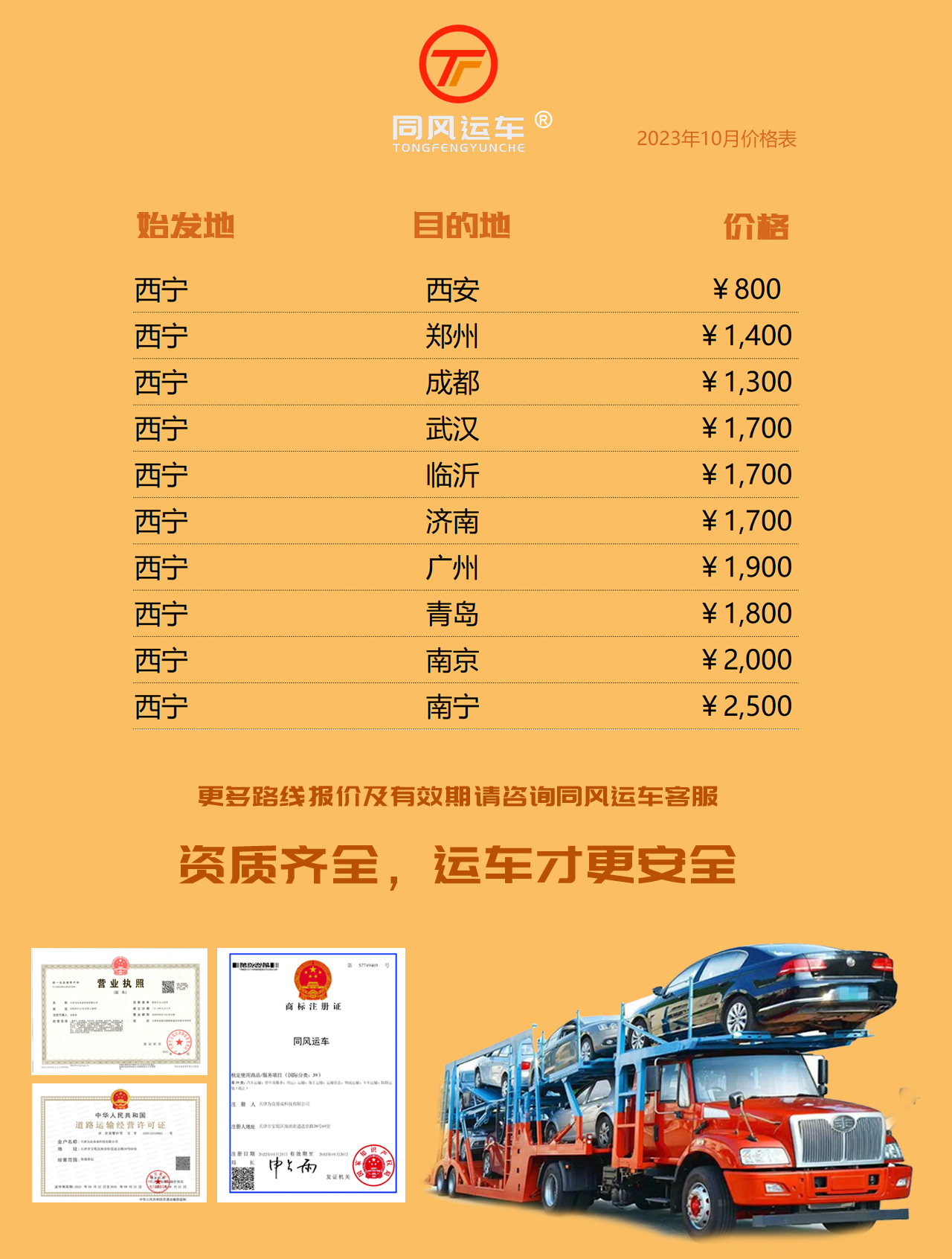 蘭州到全國汽車轎車托運價格表